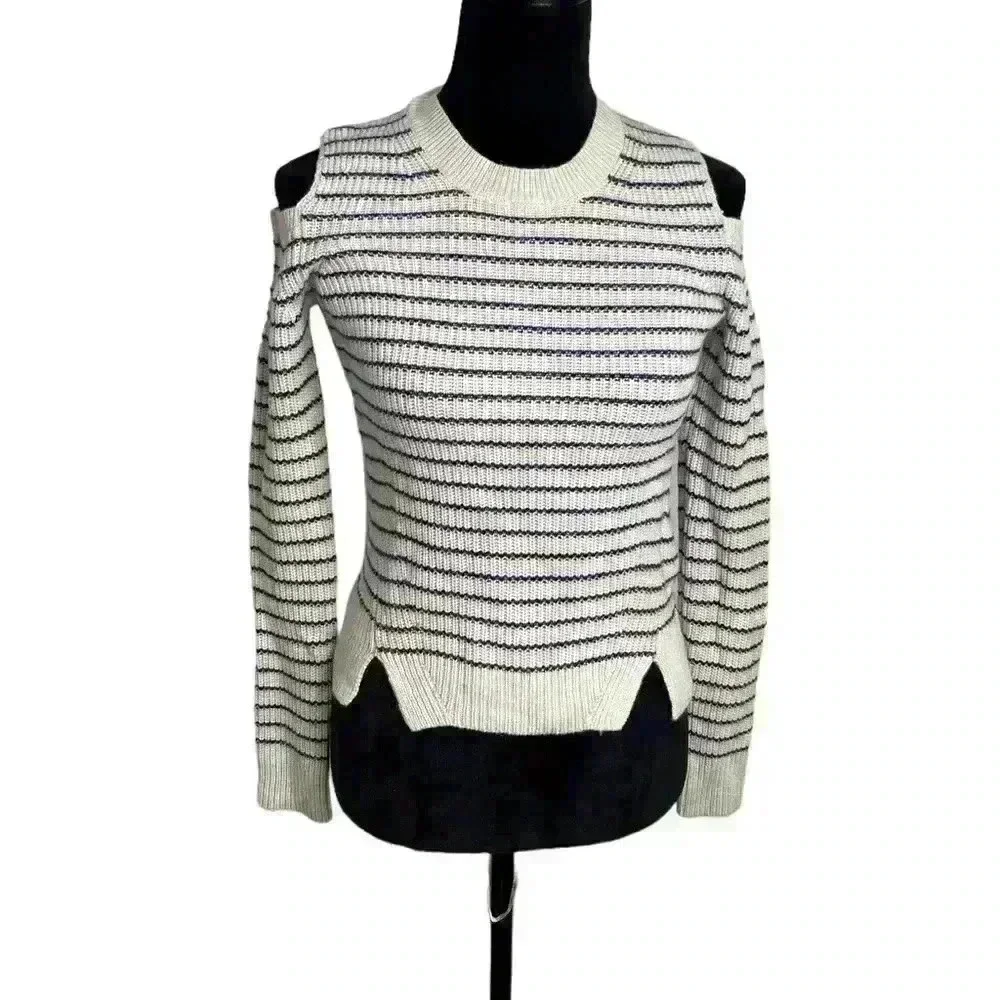 AllSaints women Mull cold shoulder Striped White wool sweater long sleeve Merino - Picture 2 of 8